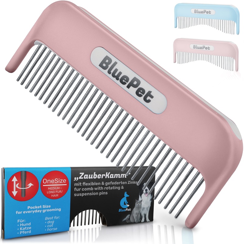 BluePet “Magic Comb” patented with rotating & yielding teeth – For long-haired dogs and cats – Removes knots and untangles the fur – Also for humans Pink