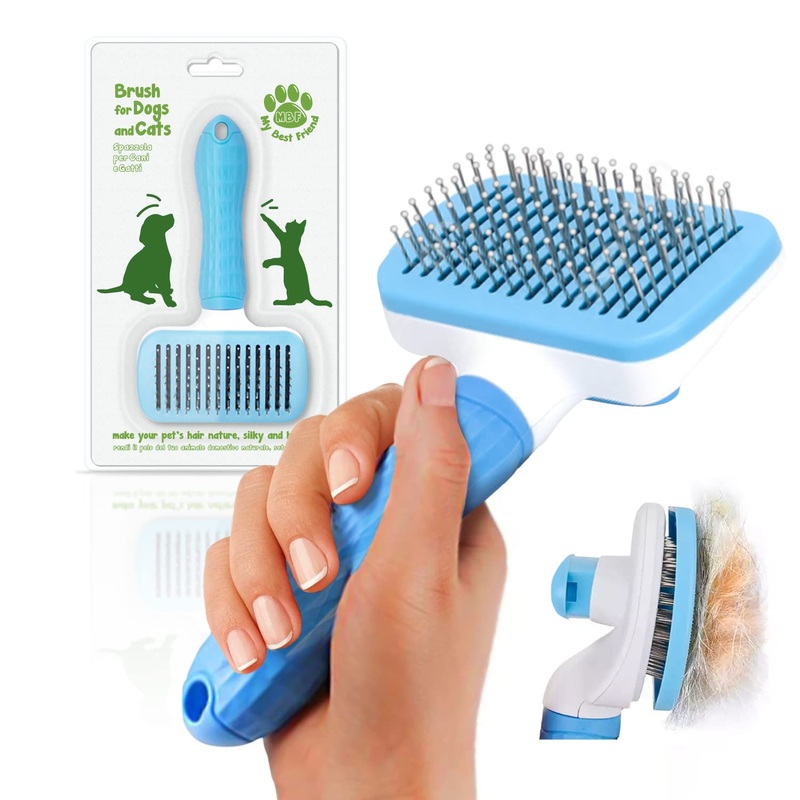 Cable Technologies Soft Brush for Dogs and Cats, Self-Cleaning Grooming Brush, Remove Dead and Excess Hair without Scratching the Animal’s Skin (Blue) Blue