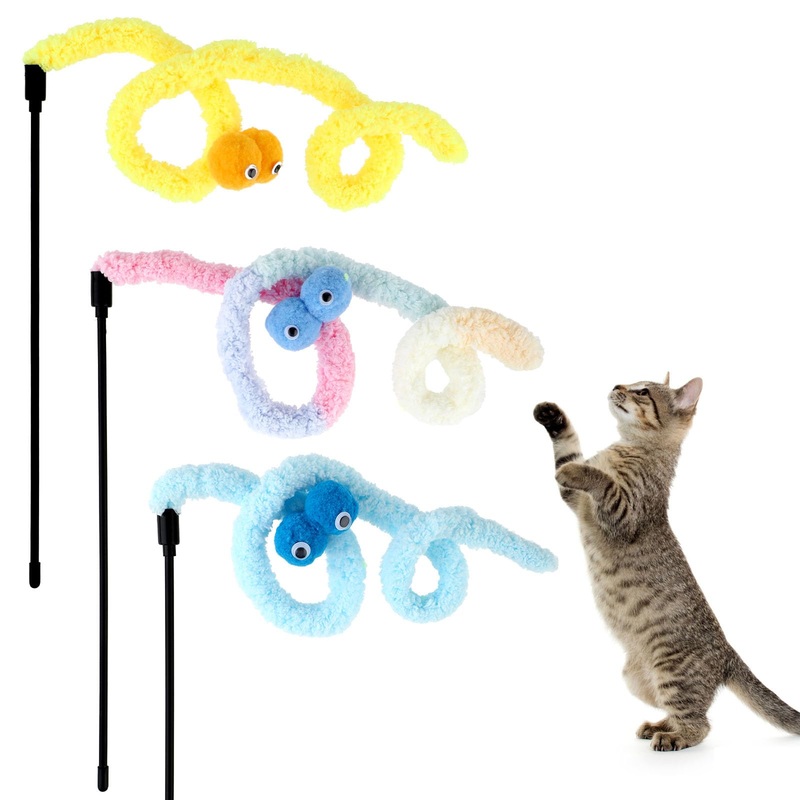 cobee Cat Magic Wand Rainbow Toy, 3pcs Rainbow Worm Toy Funny Colorful Fluffy Worms Wand for Kitten Training Cats Interactive Catcher Teaser Ribbon Exerciser