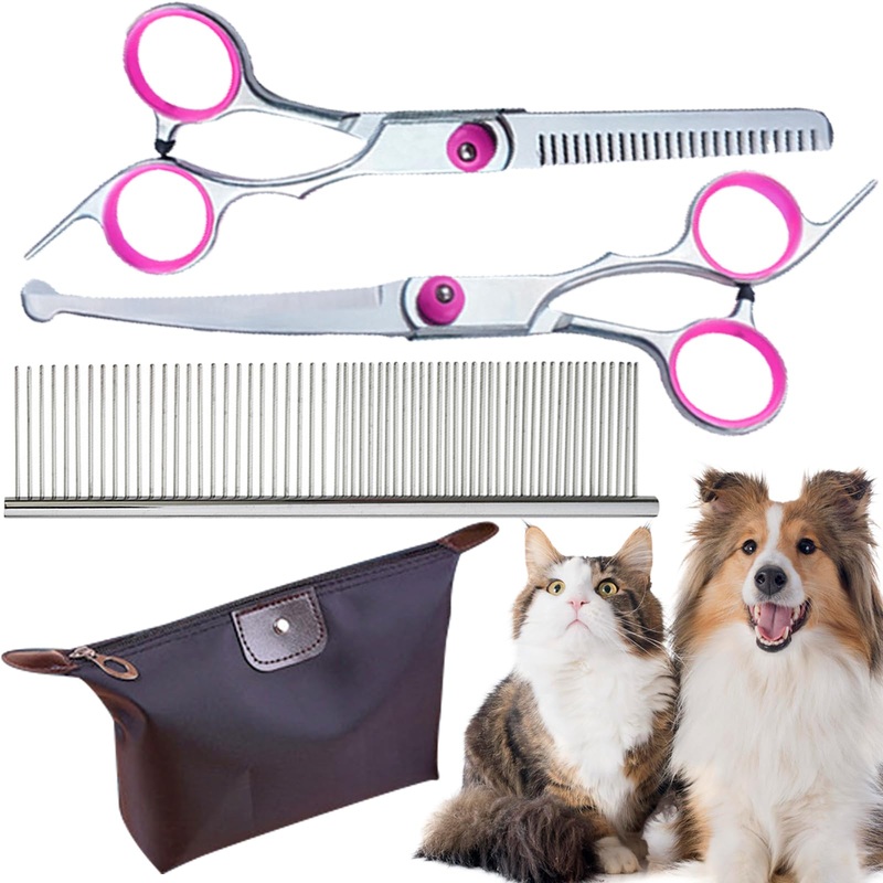 DKDDSSS Pack of 4 dog scissors, dog grooming scissors with round safety tip, professional hair scissors set, grooming comb, thinning scissors, curved scissors, for grooming dogs, cats, pets
