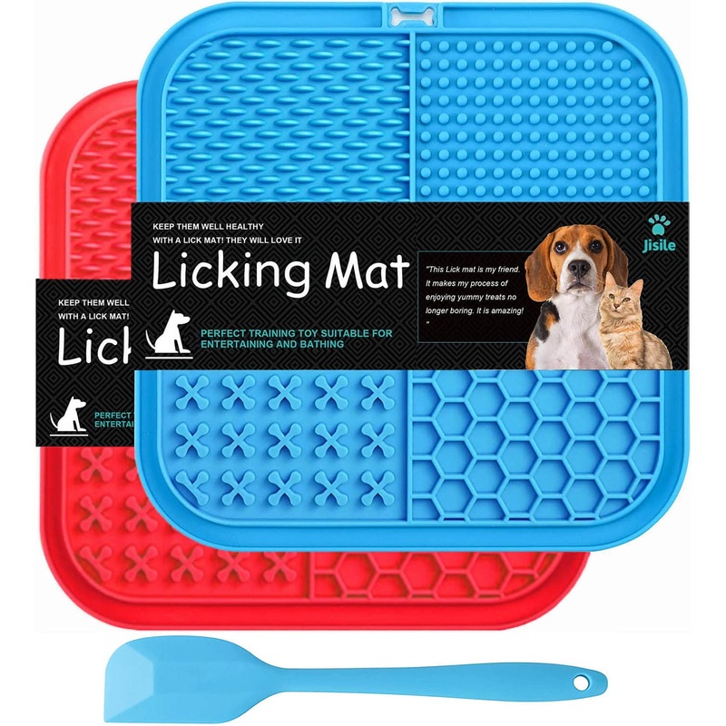 Dog lick mat, pack of 2, large with super strong suction power, with 1 silicone spatula, for dog bathing, training, grooming & claw care, BPA-free blue & red