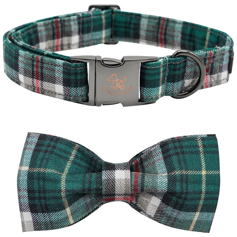 Elegant little tail Dog Collar with Bow – Christmas Plaid Dog Collar Bow Boy Girl Dog Bow Tie Adjustable Dog Collar for Small Medium Dogs Medium (Pack of 1) Green Plaid