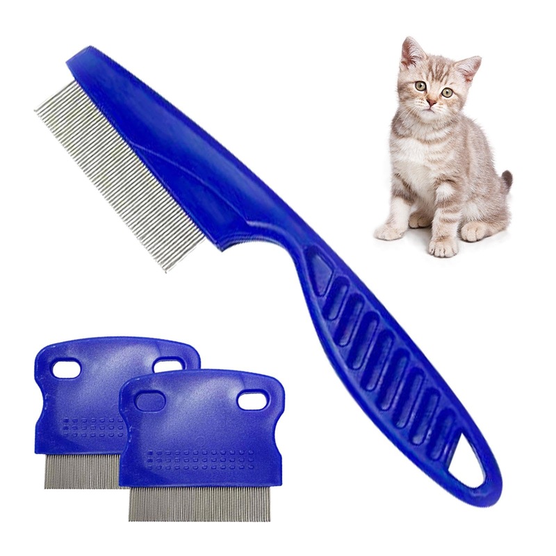 Flea Comb for Cats and Dogs, Pack of 3 Flea Tear Stain Remover Comb, Stainless Steel Pet Dog Cat Grooming Comb for Effective Against Fleas & Lice Professional Flea Comb Blue