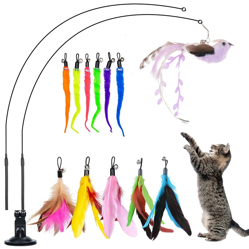 GOHHME Pack of 15 interactive cat toy fishing rod with feather, cat toy with bird, cat fishing rod with suction cup, cat stick toy with feathers for cats, feather toy with suction cup