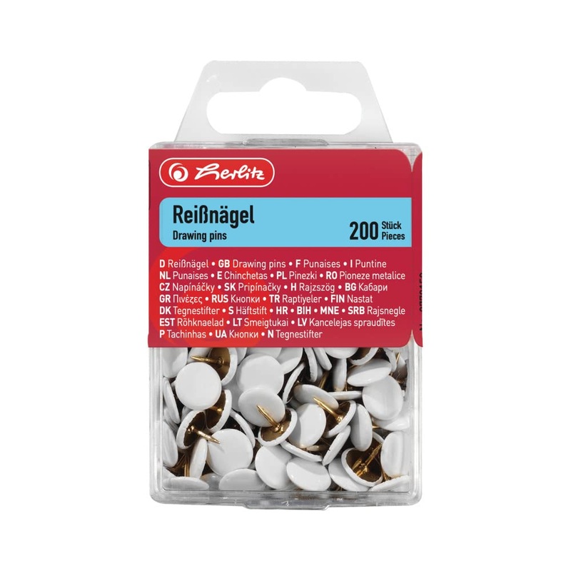 Herlitz round tacks, plastic-coated metal, 200 pieces in hanging box, white