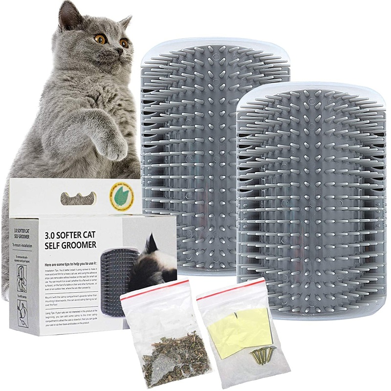 JEFFOUOO Pack of 2 Cat Self Groomer, Massage Corner Cat, Cat Brush Cat Self Groomer, Cat Brush Wall Corner with Packs of Catnip & Screws for Long Hair Short Hair Cat Massage, Grey