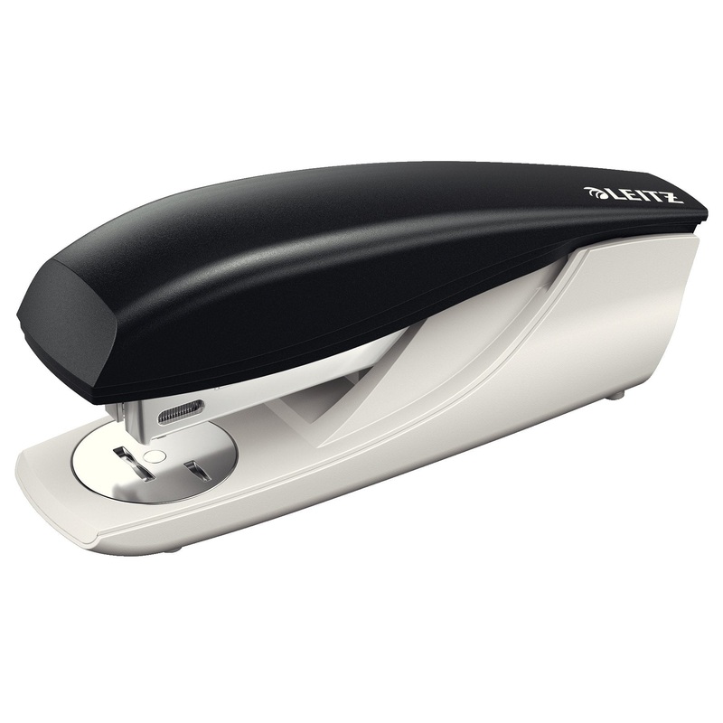 Leitz NeXXt office stapler made of metal, for 30 sheets, ergonomic design with refill indicator, including staples, black, 55000095 cardboard packaging