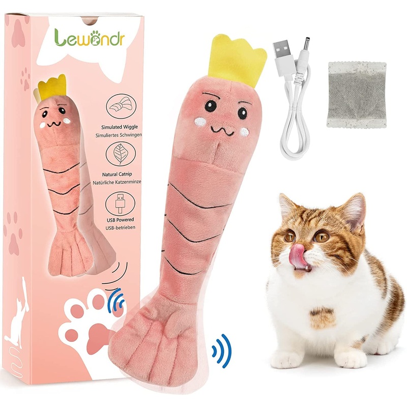 Lewondr Interactive Cat Toy, Movable Plush Shrimp, Electronic Cat Toy with Catnip, Cat Activity, USB Rechargeable Washable Toy for Kitten Training, Pink