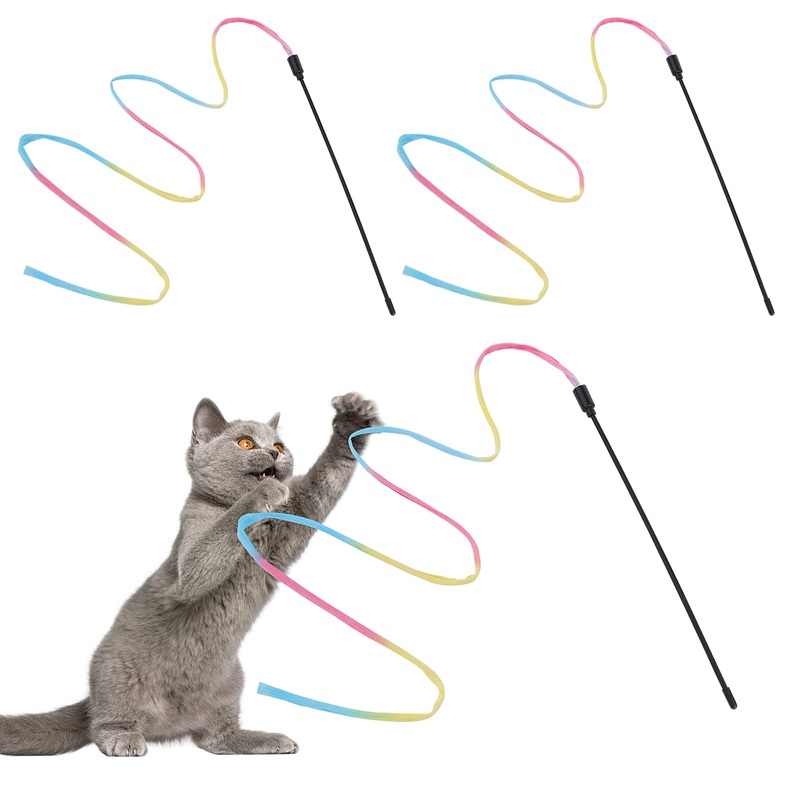 Molain Cat Wand Rainbow Toy 3pcs Rainbow Ribbon Wand for Kitten Training Rainbow Ribbon Charmer Wand Interactive Catcher Teaser Wand for Kitten Cat Exerciser (30cm)