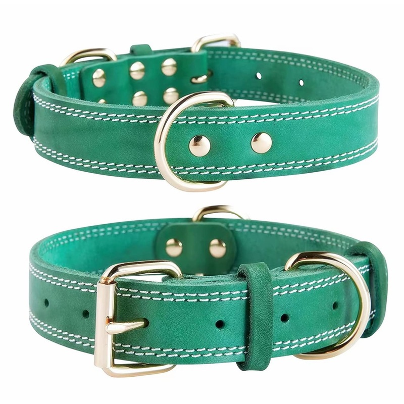 SLZZ Premium Genuine Leather Dog Collar/Soft Durable Heavy Duty Genuine Leather Dog Collar for Male Female Small X-Small Medium Large X-Large Dog-Green-L Amazon fulfillment