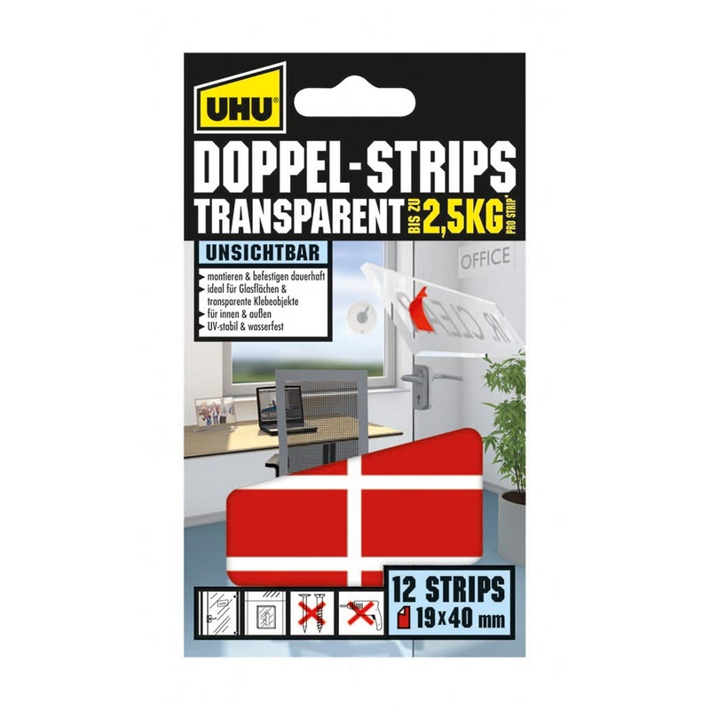 UHU double strips transparent, transparent double-sided adhesive and mounting strips, 12 strips double strips transparent single