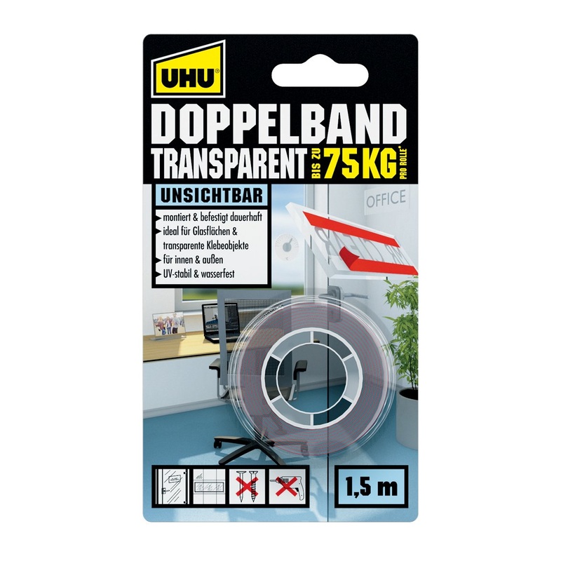 UHU double tape transparent, extra strong, transparent double-sided mounting tape, 1.5 mx 19 mm