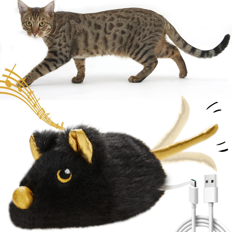 Vealind Interactive Cat Toy Self-employment, Automatic Cat Toy Intelligence with 3 Feathers, Movable Wheel and Wagging Tail, Toy for Cats USB Rechargeable (Black) Black