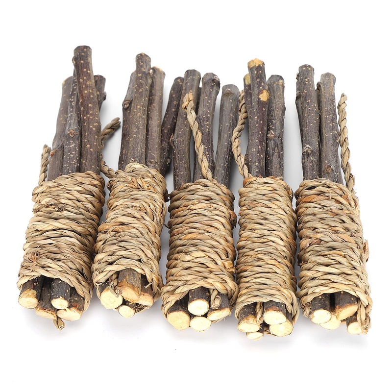 ViaGasaFamido 5PCS Pet Chewing Sticks, Pet Wooden Sticks Grass Rope Toy Applewood Biting Teeth Cleaner Grinding Toy for Parrot Rabbit Hamster Small Animals