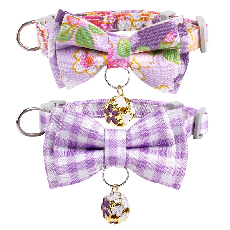 Vin Beauty 2 Pack Breakaway cat Collars with Bow tie Bell Charms, Cute safty Adjustable cat Collar with Plaid Flower for Kitten cat Pets, Purple