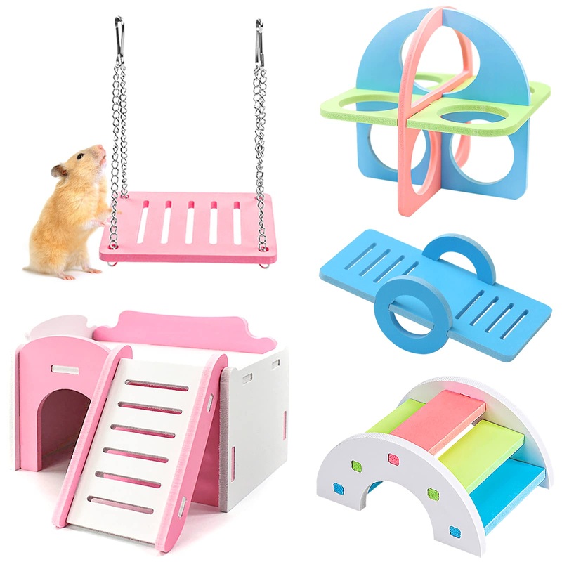 YHSKJCD 5 pieces hamster toys, DIY hamster accessories set, rocker swing house, rainbow bridge, hamster exercise toy for hamsters, rats, gerbils, small animals