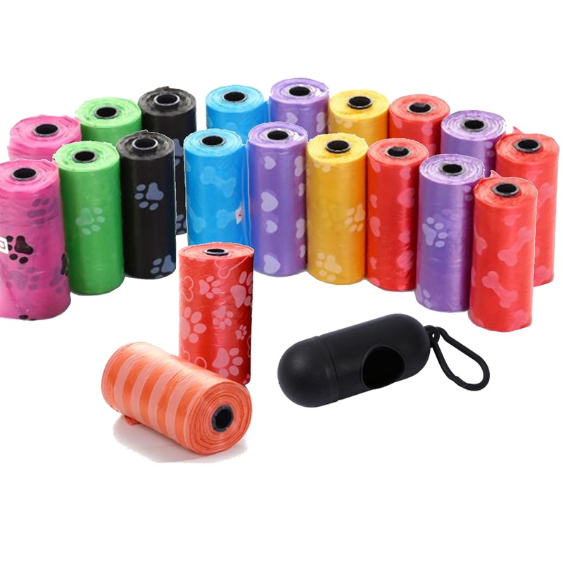 300x dog waste bags colorful with print 30 x 22 cm (20 rolls with 15 bags) + bag dispenser with leash clip black 300 bags