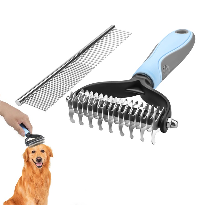 AIVORO dog brush and cat brush long hair animal hair brush, 17+9 double-sided undercoat brush dogs, dog comb undercoat with stainless steel comb