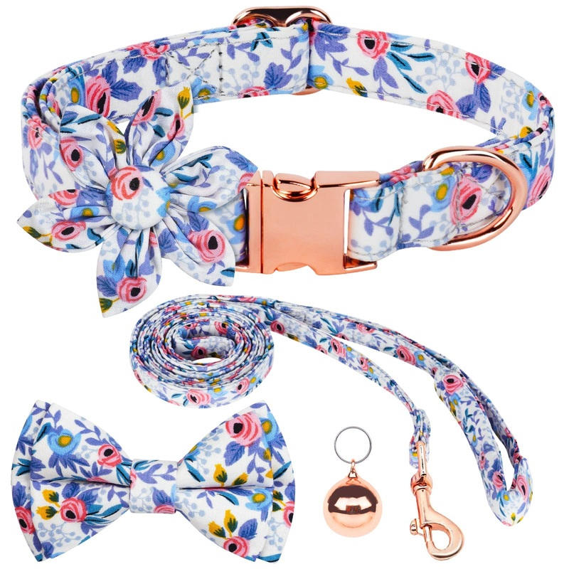 AUAUY Dog collar with bow tie, comfortable silk dog collar with removable bow tie, durable comfortable cotton collar with metal click closure, beautiful bow tie and bell for dogs (blue M) M (12.2″-19.69″/31-50cm) blue