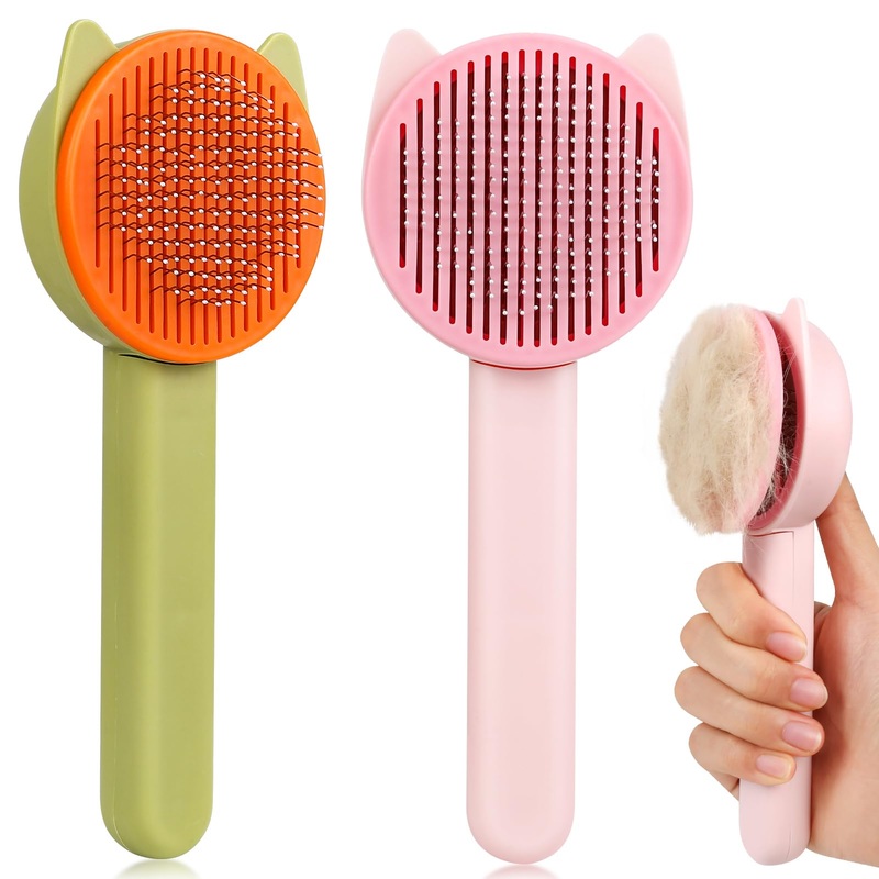 Cat brush, dog brush, pack of 2 pet brushes, self-cleaning dog cat brush with one button, brush for pet grooming for removing undercoat, loose fur and dirt with handle