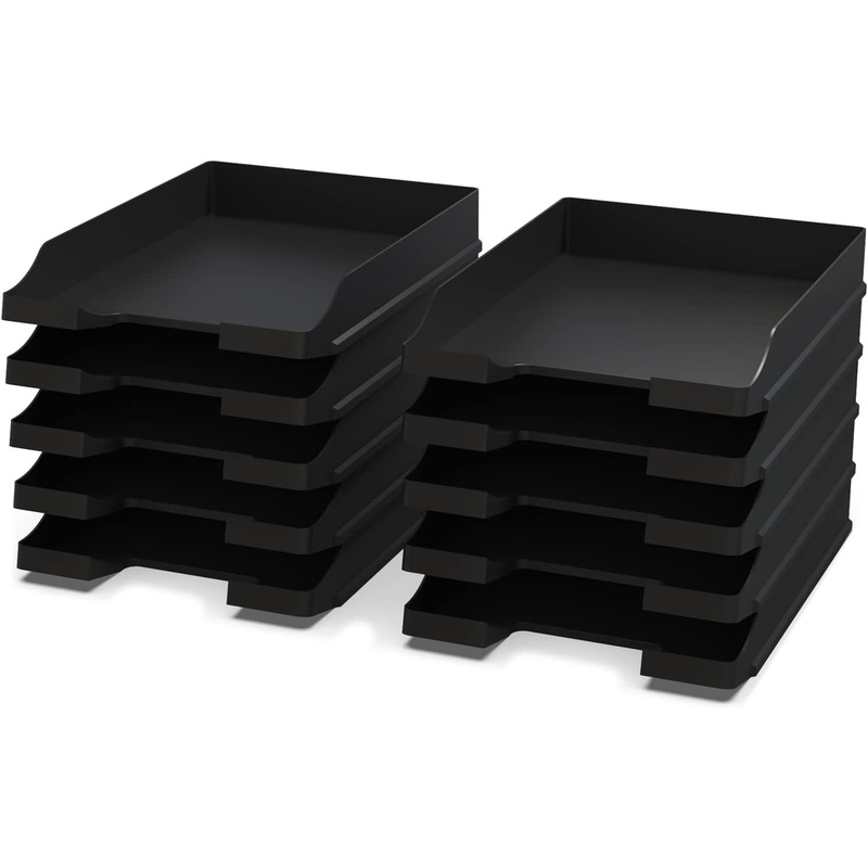 Detectalia Document Trays Black A4 – Stackable Desk Organizer – Plastic Office Tray – Paper Holder – Mail Baskets – 35x25x5.2 cm 1.0