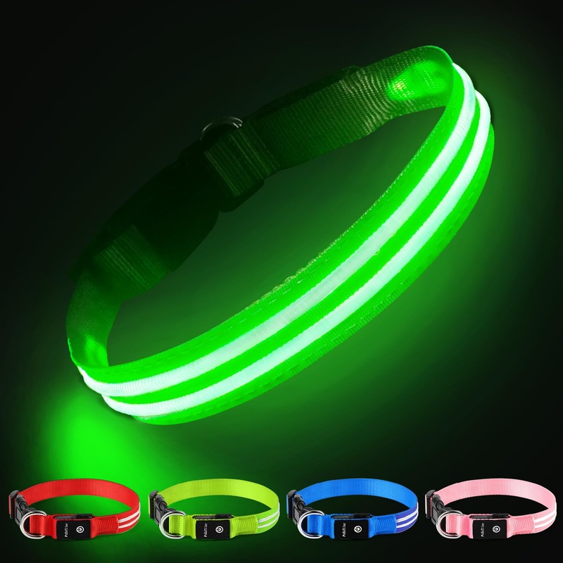 Dog Collar Luminous Rechargeable, Luminous Collar Dog Waterproof Adjustable Flashing Light LED Collar Dog for Small Medium Large Dogs, Visibility in the Dark, Green – MM(38-50cm/15-19.7inch)