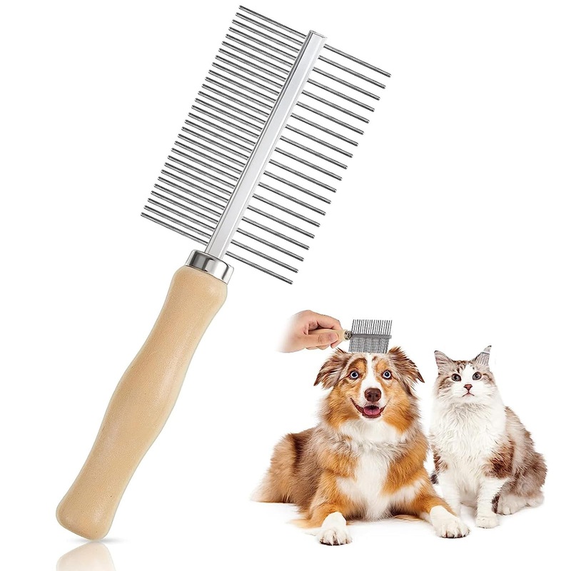 Dog comb cat comb, dog & cat brush suitable for medium to long hair, wooden double comb with metal rounded teeth, pet care comb brush against fleas undercoat