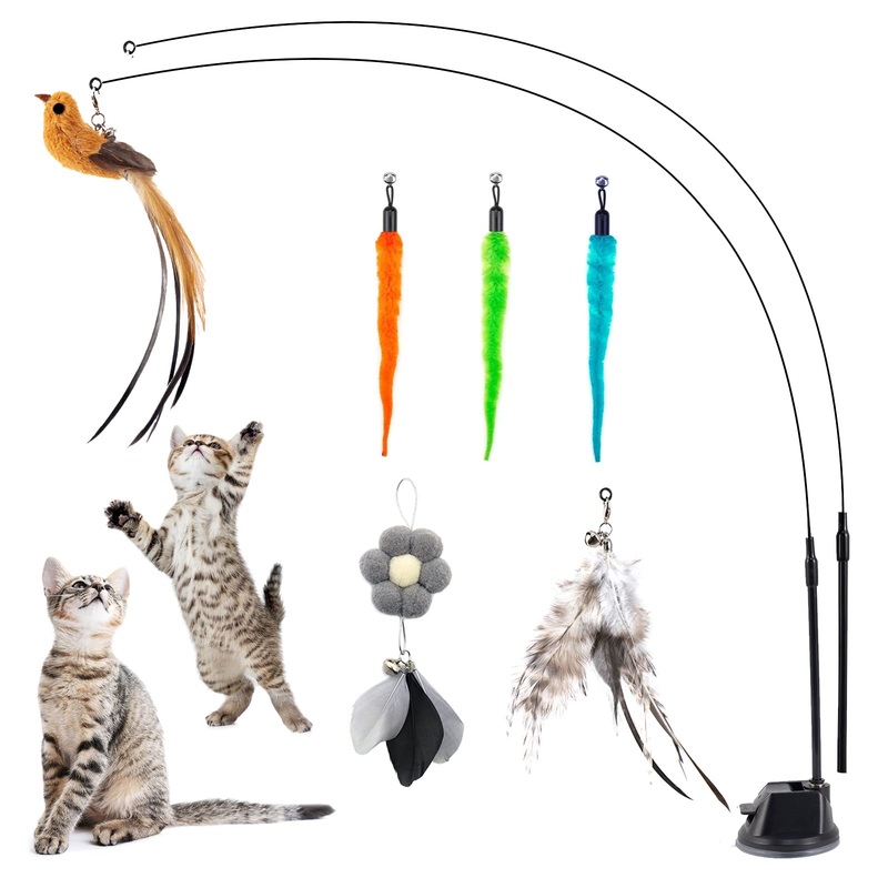 EASY JOY Interactive cat toy feathers, cat fishing feather, hummingbird cat toy set contains 6 feather toys for cats + 2 cat fishing rods + 1 suction cup (9 pieces)… suction cup style