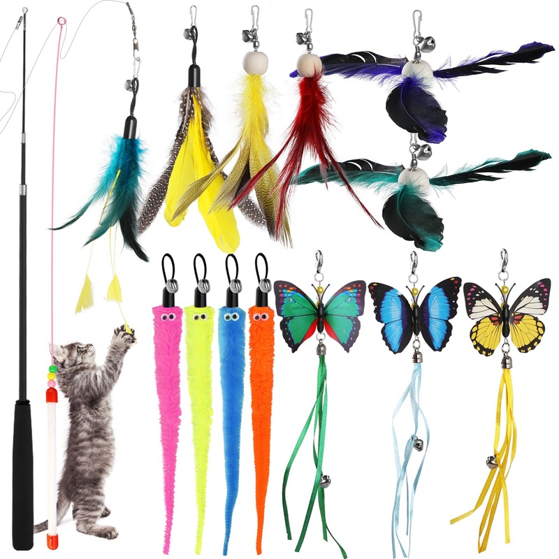 Geepen Cat Toy Set, (16 Pieces) Interactive Cat Toy Interactive Cat Toy, Retractable Cat Toy, Cat Feather Toy Refills, Butterfly Toy
