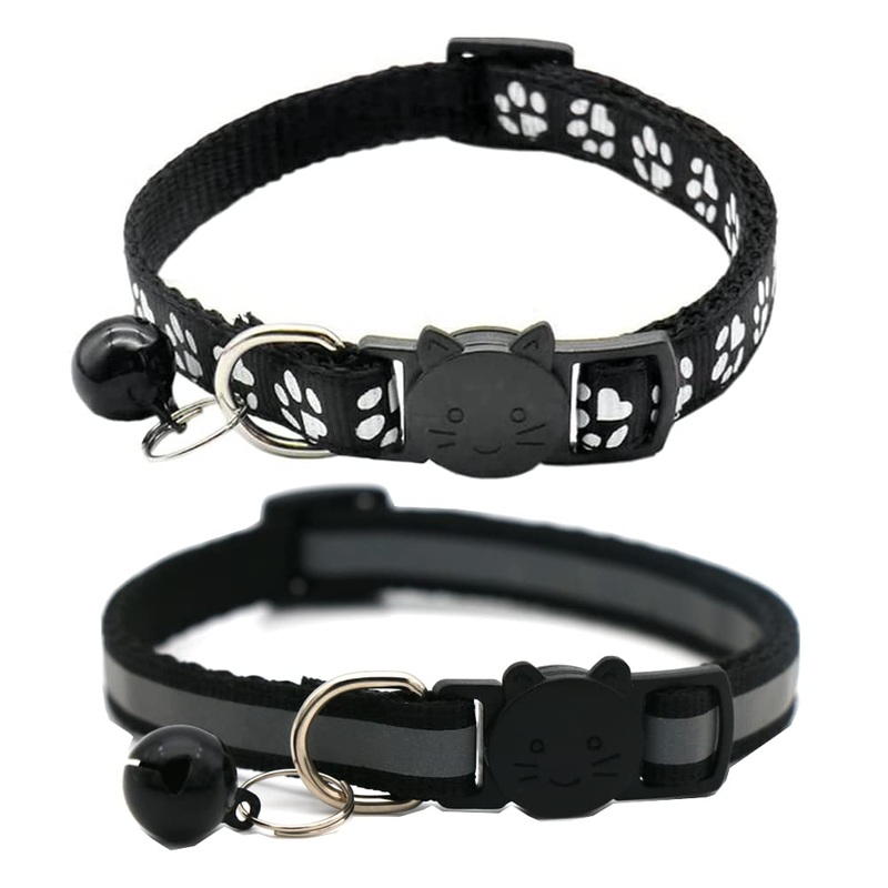 Hepplly 2-Pack Cat Collars Quick Release Reflective Kitten Collar with Bell (Black) Black