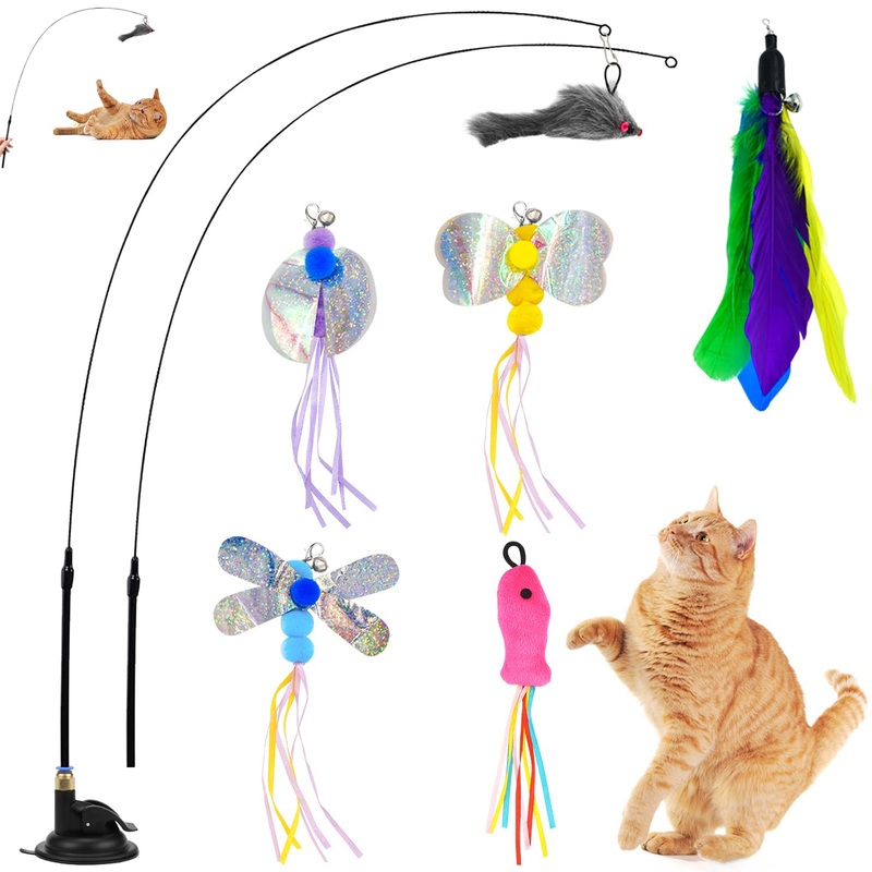 Interactive Cat Toy Intelligence Cat Toy Interactive Cat Fishing Rod Stable Cat Toys with Feathers and Suction Cup Simucatstick Kitten Wand Butterfly for Large Small Cats (Style 2) Style 2
