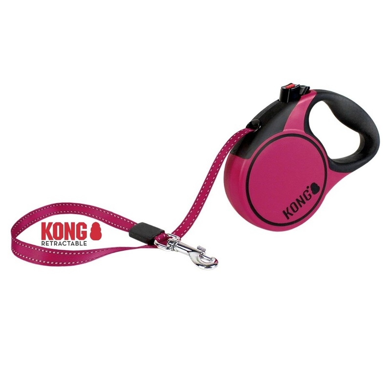 KONG roll-out dog leash in 3m length I For very small dogs up to 12kg I Size XS I High-quality retractable leash with Break & Lock system in pink I Comfortable leash with soft grip & reflective strap