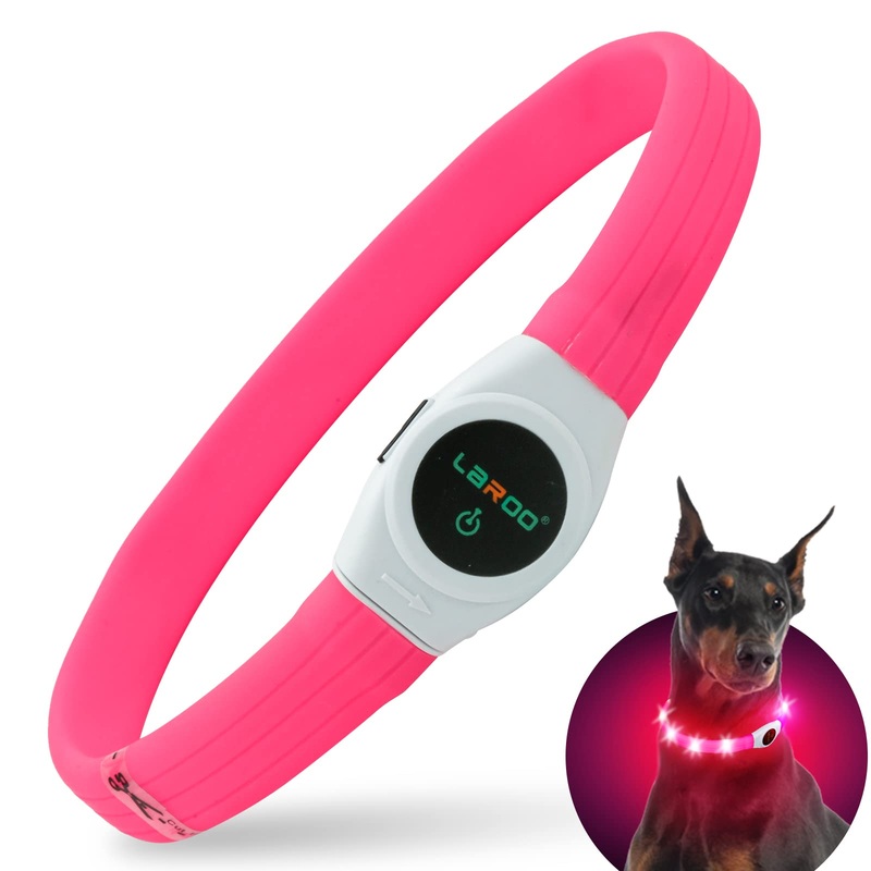 LaRoo LED Dog Collar USB Rechargeable Night Safety Dog Collar Luminous Collar for Small Medium Large and Long Haired Dogs -3 Mode(65CM*2.5CM) (65CM*2.5CM) Pink Red