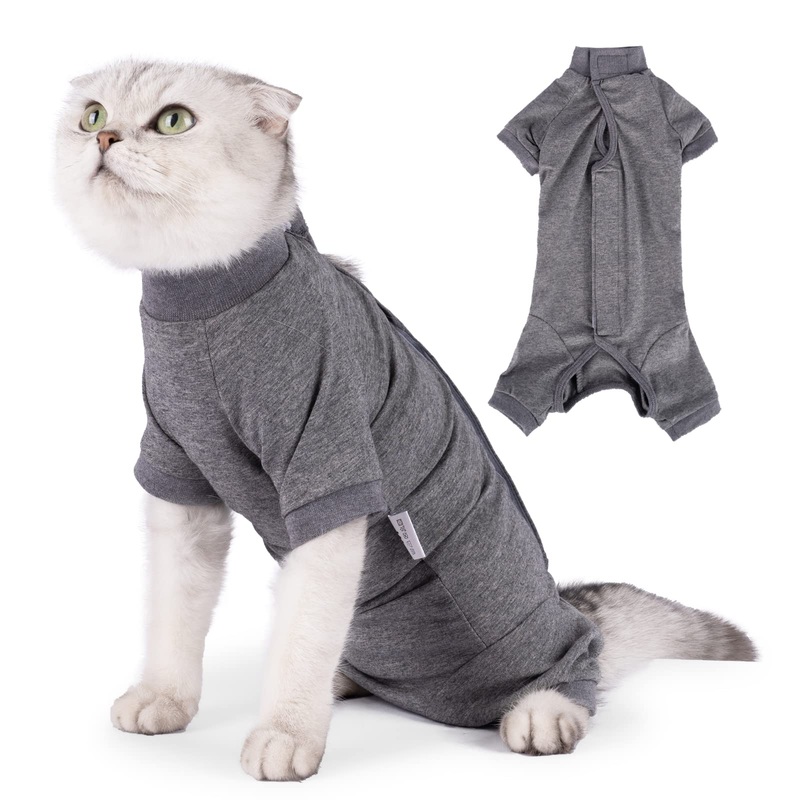LIANZIMAU Cat Bodysuit After Surgery Cat Bodysuit for Cats Surgery Long Sleeve One-Piece Cat Clothing E-Collar Alternative L (Pack of 1) Grey
