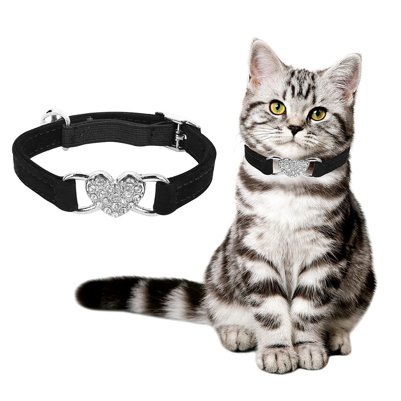 Molain Heart Bling Cat Collar, Adjustable Collar with Safety Belt and Bell Rhinestone Collar for Kitten Small Dog Cat (Black) Black