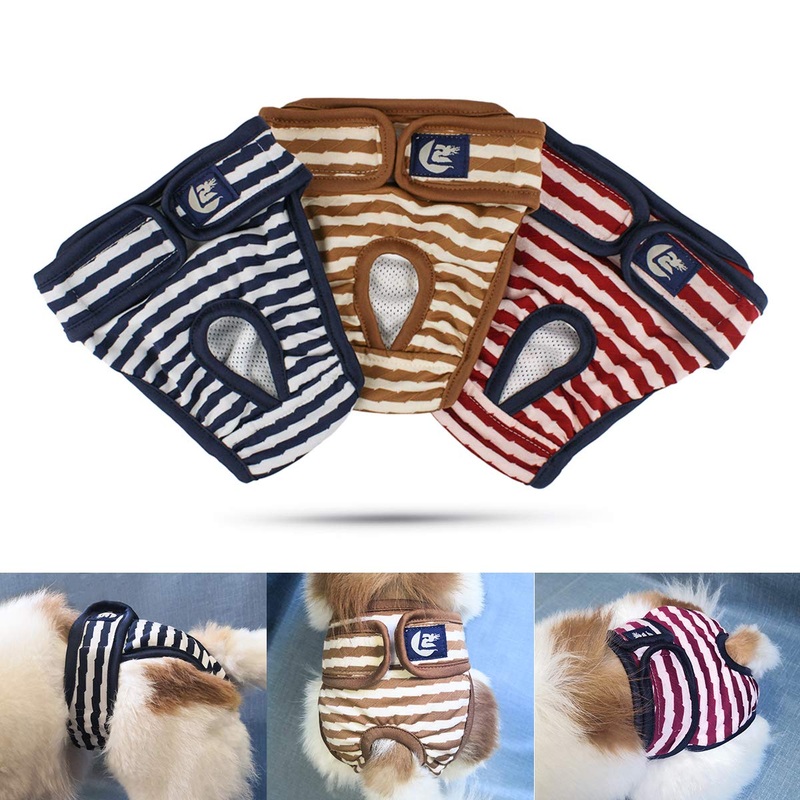 Namsan Dog Diapers Pack of 3 Washable Protective Pants for Female Dogs Adjustable Dog Panties for Urine Incontinence/Untrained Puppies/Dog in Heat – S Blue+Brown+Red