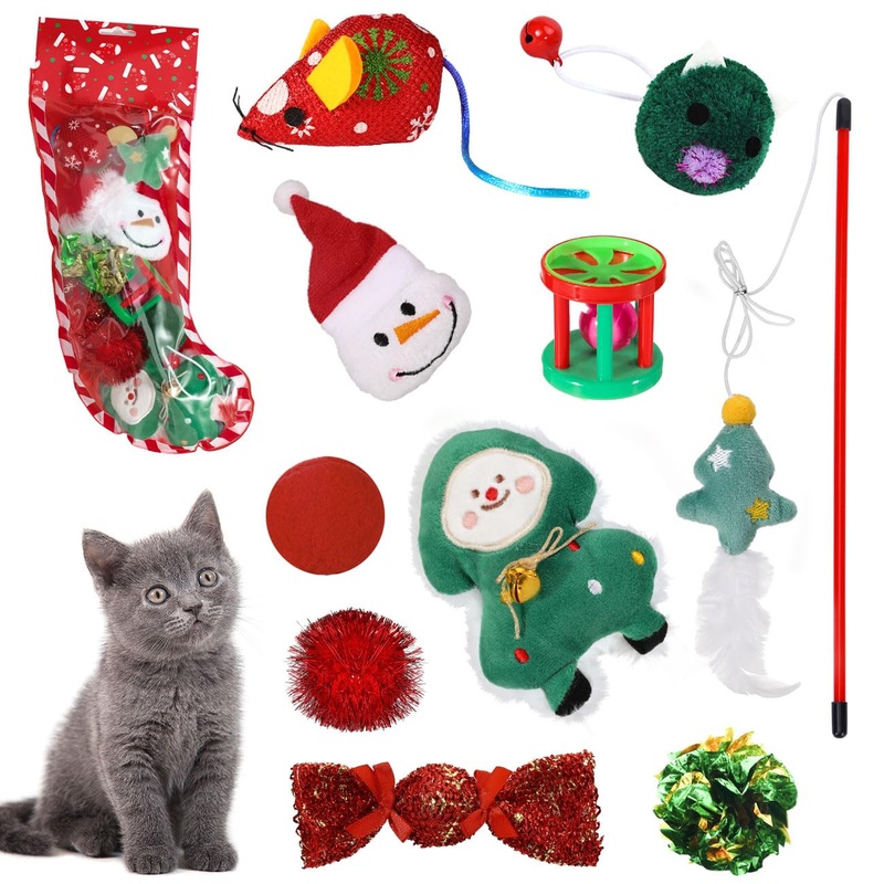 Pawaboo Christmas Cat Toy Set, 10 Piece Christmas Cat Toy Set with Various Toys Interactive Toys, Cat Bell Cat Ball Toy Cat Gift Box for Cat, Red D Set