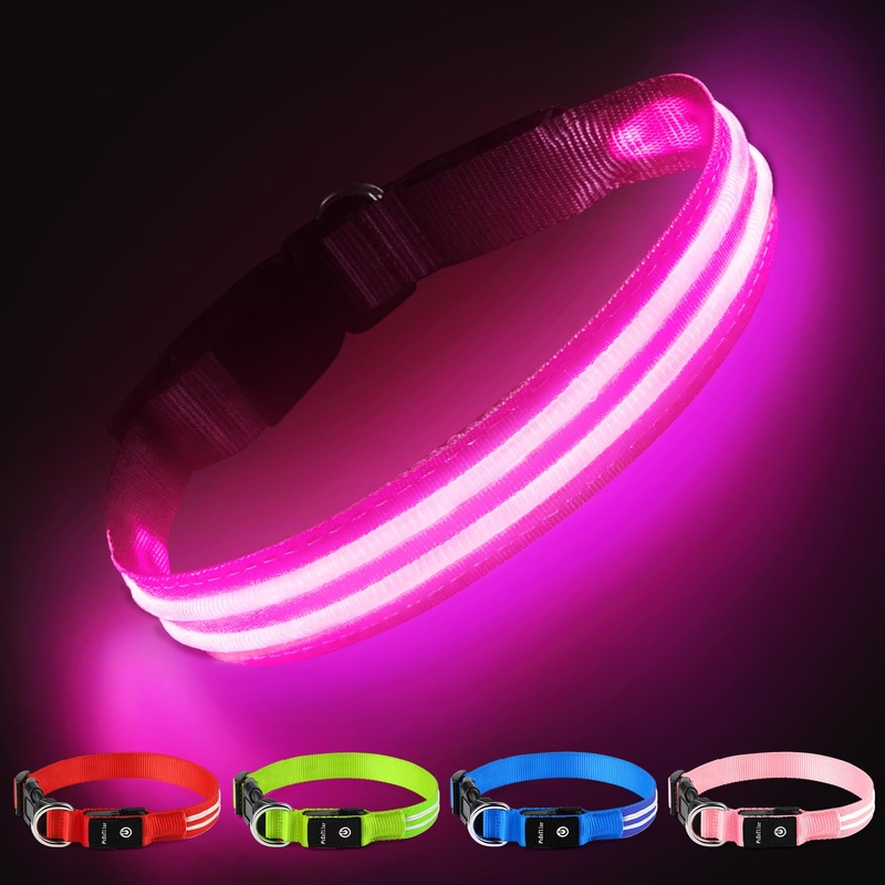 PcEoTllar Dog Collar Luminous Rechargeable, Luminous Collar Dog Waterproof Adjustable Flashing Light LED Collar Dog for Small Medium Large Dogs, Visibility in the Dark, Pink-L L(48-60cm/19-23.6inch)