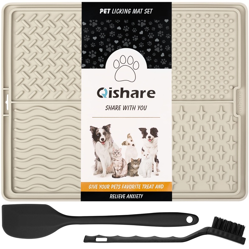 Qishare Dog Lick Mats with 1 Spatula + 1 Brush for Easier Cleaning, Peanut Butter Lick Mat with Suction Cup, Suitable for Bathing and Grooming Pets (Beige) Beige
