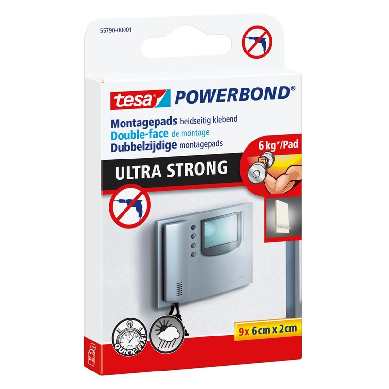 tesa Powerbond Ultra Strong adhesive pads / double-sided pads for installation indoors and protected outdoor areas – ultra-strong adhesive on both sides / packaging with 9 pads single