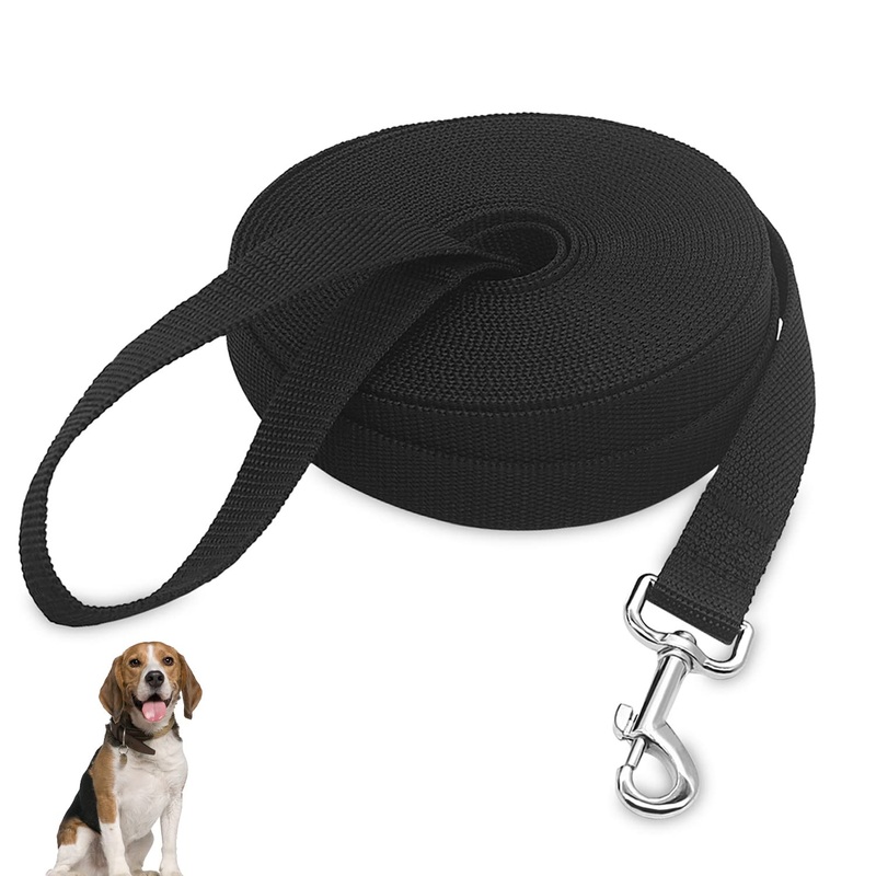 Towing leash for dogs, 10 m robust nylon dog leash, durable training leash with D-carabiner and hand strap for large, medium, small dogs, black