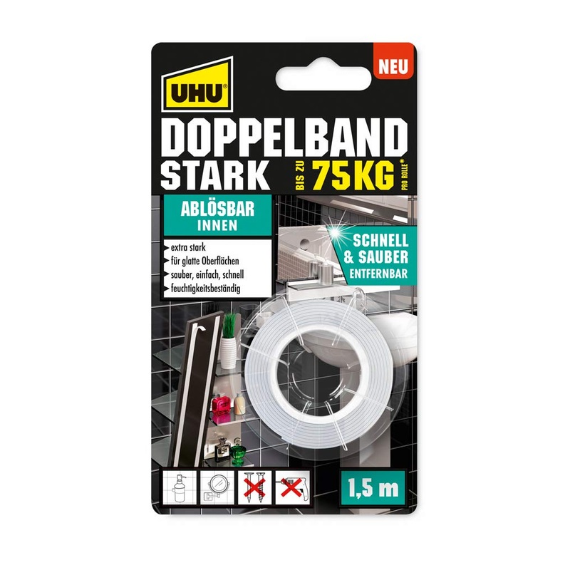 UHU double tape, highly removable, extra strong, removable assembly tape, 1.5 m, 1.5 m double tape, removable