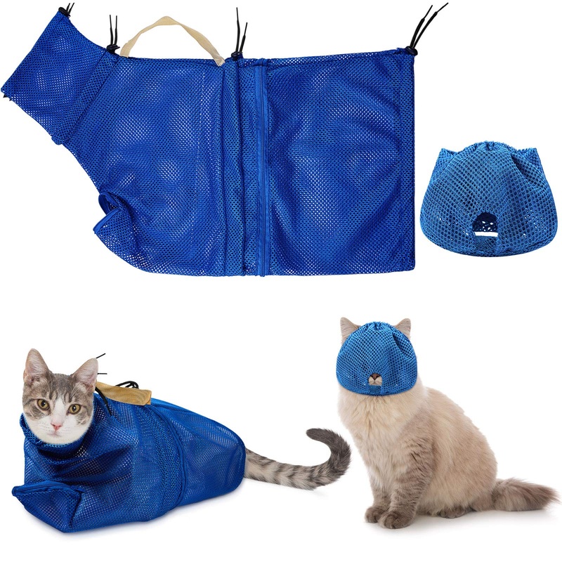 Weewooday 2 Pieces Cat Grooming Washing Mesh Tashce Cat Muzzle Breathable Mesh Muzzle Adjustable Kitten Scratch-Resistant Cat Restraint Bag Fixed Bag Cat Bath Bag (Blue) Blue