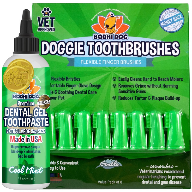 Bodhi Dog Dental Gel Reduces Tartar and Freshens Bad Breath + 8-Pack Gentle Disposable Finger Toothbrush | Soft & High-Grade Dog Toothbrush with Silicone Bristles | Oral Care or Dental Care Bundle Finger Toothbrush Bundle