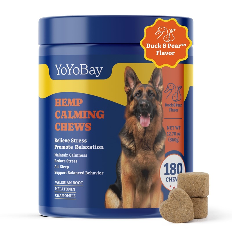 Calming Chews for Dogs – Dog Calming Chews for Anxiety Relief, Separation Aid, Travel, Thunderstorms – 180 Soft Chews, Duck & Pear Flavor – with Valerian Root, Melatonin, Hemp Oil 180 Count