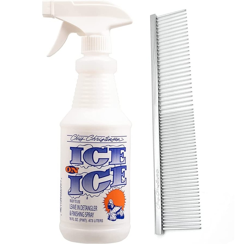 Chris Christensen Groomer’s Bundle – Ice on Ice Finishing & Detangling Spray, Adds Elasticity & Strength, RTU – 000 7.5 in. Greyhound Style Fine/Coarse Buttercomb, Stainless Steel, Prevents Friction