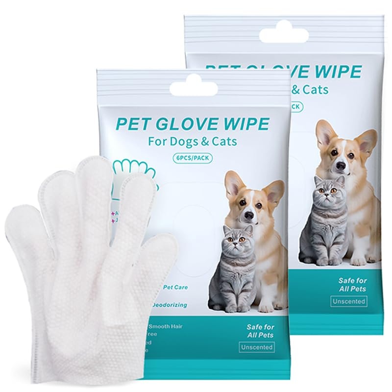 Cleaning Glove for Dog and Cat, Wipes Gloves for Dog and Cat Fur Face, Ear, Eye, Paws Cleaning Wipes Pet Wash Free Gloves, Grooming Wipes for Pet No Rinse Thick Dog Wipes Gloves(12 Pcs)