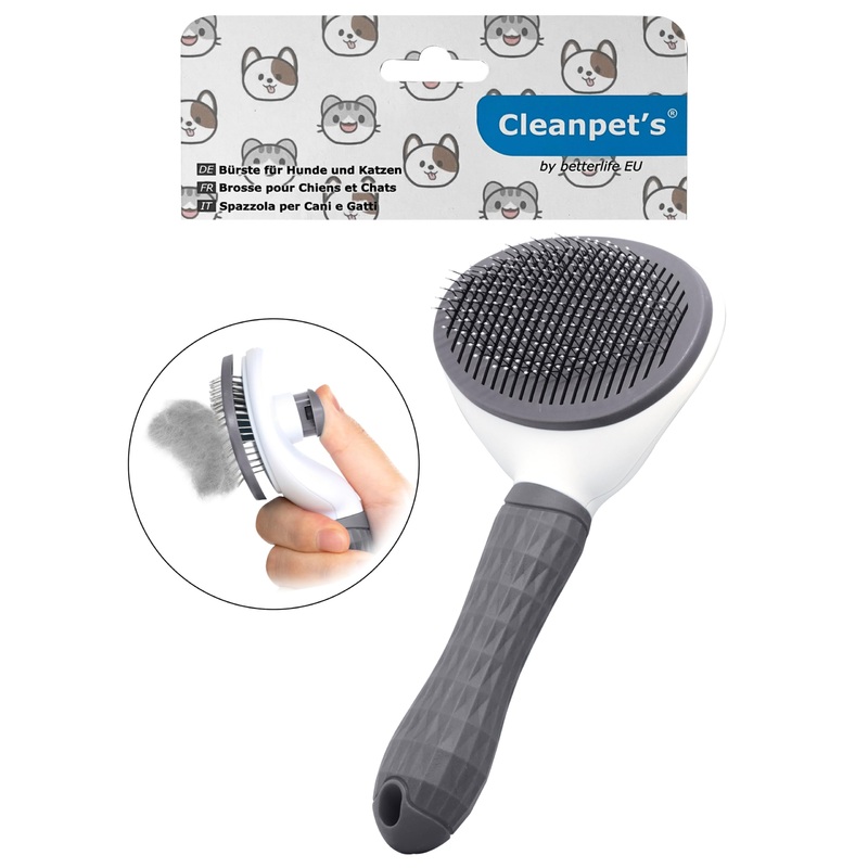 Cleanpet’s dog brush and cat brush for cats, dogs and puppies with short and long hair, self-cleaning animal hair brush, removes undercoat, gray