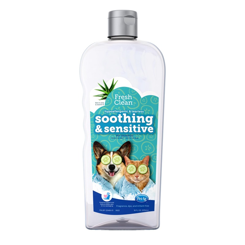 PetAg Fresh n Clean Soothing & Sensitive Pet Shampoo – 18 oz – Hypoallergenic & Tearless Pet Shampoo for Dogs, Cats & Small Animals with Aloe & Vitamin E – Fragrance Free