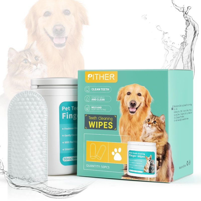 PITHER Dog Teeth Cleaning Wipes, 50 Counts Pet Teeth Dental Wipes for Dogs & Cats Gentle Non-Irritating Soft Tooth Brushing Kit Removing Plaque & Tartar Buildup Freshen Bad Breath